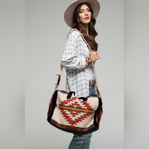 Boho Chic Travel Bag - Duo-Tone Embroidered Southwest Navajo Inspired Design - Picture 5 of 11